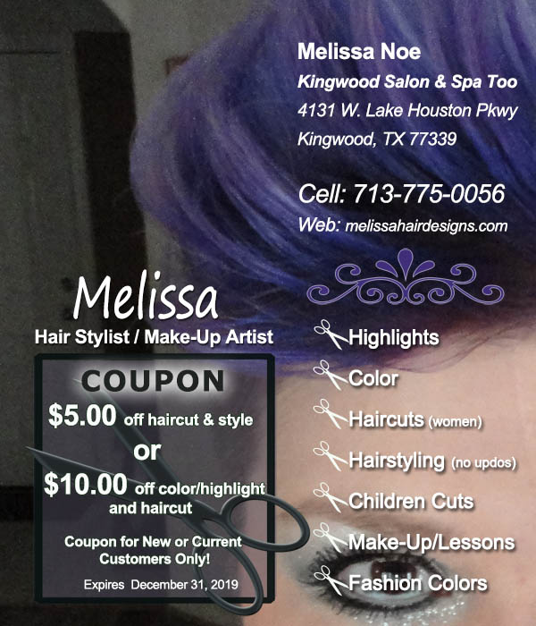 Kingwood Hair Stylist, Cosmetologist, Make-up Artist, Bridal Party Make-up, print out the ad coupon and save. Hair stylist, highlights, color, haircuts women and children.